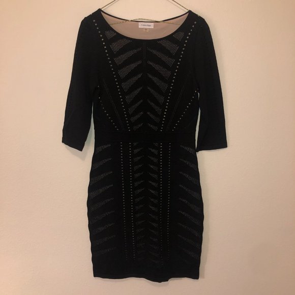 Calvin Klein Black Eyelet Lace Cocktail Dress Sz Medium with Nude Lining - Picture 2 of 9